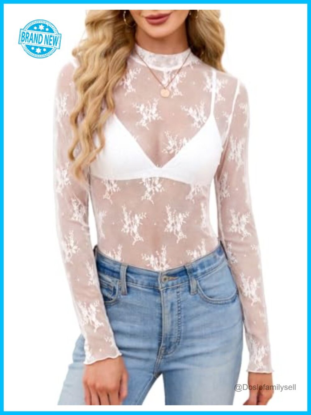 Womens Mesh Lace Long Sleeve High Neck Sheer Blouse